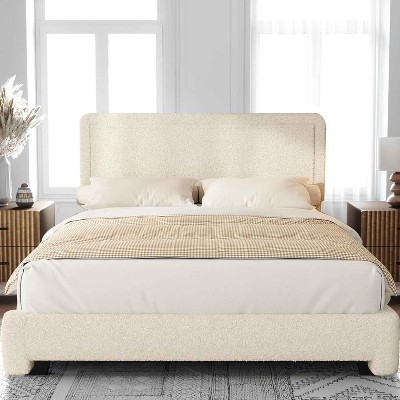 Dyonery Boucle Bed Frame, Modern Cream Bed Frame with Headboard, Soft Rounded Corners, No Box Spring Required, Adjustable Headboard, Easy Assembly