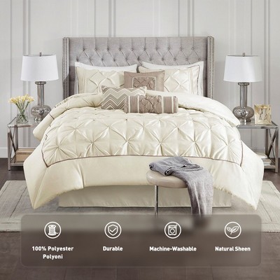 7 Pcs Faux Silk Bedding Set, Solid Color RIAB Royal Style Comforter Set, Tufted Dimensional Design Smooth Edge Comforter with Matching Pillow Cases