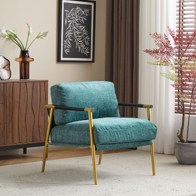 PAGED Modern Accent Chair, Arm Chair with Metal Frame and Wooden Armrest, Comfy Reading Chair for Bedroom, Living Room Furniture