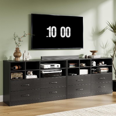 4 Drawer Dresser with 6 Storage Cubbies Adjustable Shelves, Modern Chest of Drawers, 47" TV Stand Dresser Drawer Organizers for Living Room,Black