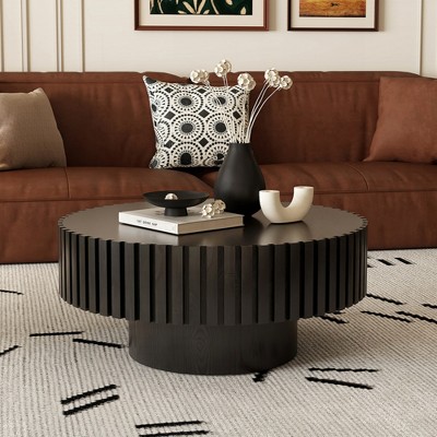 KIGFTSOD Round Coffee Table Handcrafted Relief Sturdy Pedestal Wooden Olive-Shaped Tea Table for Living Room
