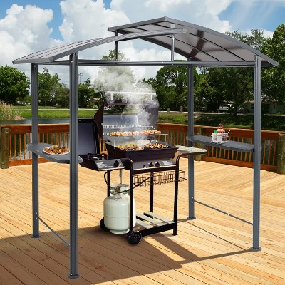 Aoodor 8 x 5 ft. BBQ Grill Gazebo Shelter, Dark Gray Steel Frame and Brown Double-Tier Polycarbonate Top Canopy