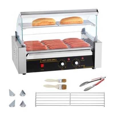 VEVOR Hot Dog Roller 7 Rollers 18 Hot Dogs Capacity 1050W Stainless Sausage Grill Cooker Machine with Dual Temp Control Glass Hood Acrylic Cover