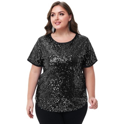 Anna-Kaci Women's Plus Size Short Sleeve Sequin Sparkly Top Round Neck