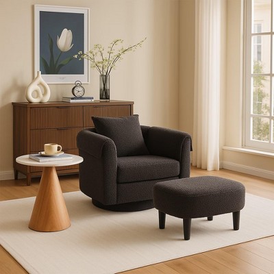Swivel Accent Chair with Ottoman Set, Modern Chenille Barrel Armchair with Back Pillow & 2 Armrest Covers for Living Room, Bedroom, Office