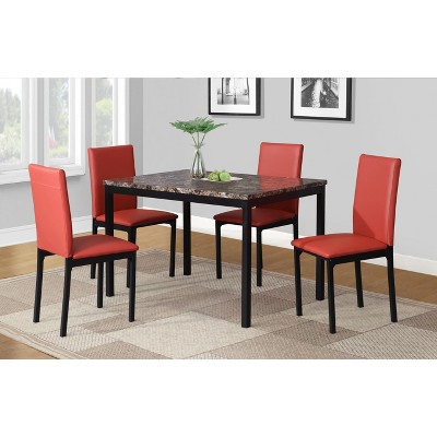 Roundhill Furniture Citico Metal Dinette Set with Laminated Faux Marble Top, Red, 5 Piece