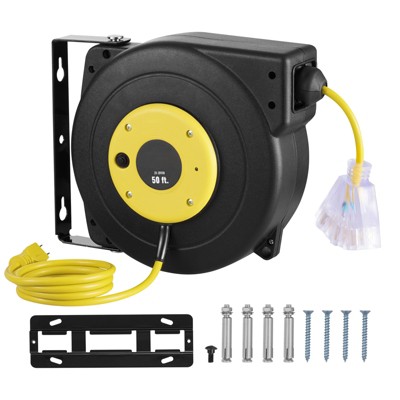 VEVOR Retractable Extension Cord Reel, 50 FT, Heavy Duty 14AWG/3C SJTOW Retractable Power Cord with Lighted Triple Tap Outlet, Black