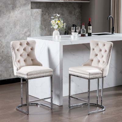 Lyngins Modern Velvet Counter Height Bar Stools Set of 2, Counter Stools with Button Back & Chrome Metal Base, Upholstered Kitchen Island Chair