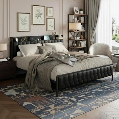coucheta Full/Queen/King Platform Bed Frame with PU Faux Leather, Headboard with Charging Station and Storage, Noise-Free, No Box Spring Needed