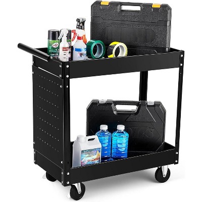 2 Tier Rolling Tool Cart with 4 Hooks, 330 LBS Metal Heavy Duty Utility Cart On Wheels, 2 Shelf Steel Utility Cart for Garage, Workshop, Repair Shop