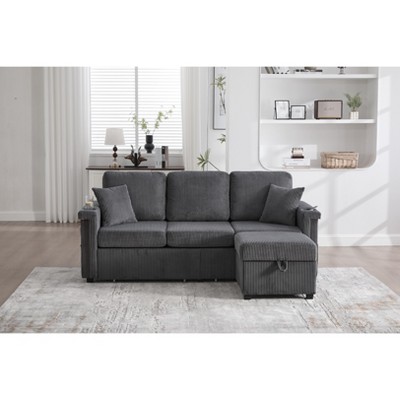 Mocamel Corduroy L-Shaped Sofa Pull-Out Storage Ottoman Pillows 3-Seat USB Charging Cup Holder Convertible Design Living Room Apartment