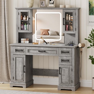 Vanity Desk with Mirror, Lights & Charging Station, 45" Bedroom Table, 3 Lighting Modes