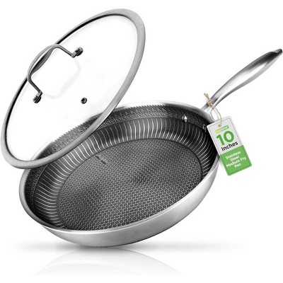 NutriChef 10'' Stainless Steel Stir Fry Pan with Glass Lid - Triply Non-Stick Coating, Scratch-Resistant