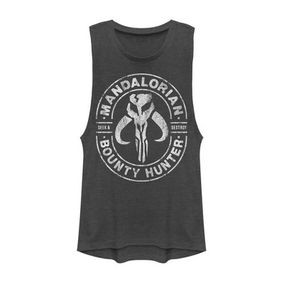 Juniors Womens Star Wars The Mandalorian Seek & Destroy Stamp Festival Muscle Tee