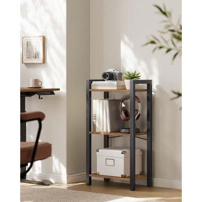 3-Tier Industrial Bookshelf with Sturdy Steel Frame, Rustic Brown & Ink Black - 9.4 x 15.7 x 30.1 Inches, Multi-Functional Storage Shelf