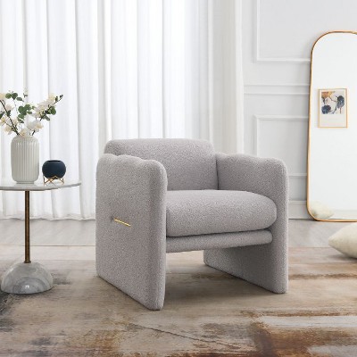 CAVINAS Modern Accent Chair with Waved Arms & Metal Decoration, Teddy Fabric Upholstered Armchair for Living Room, Bedroom, Office