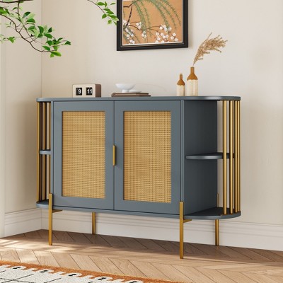 KWPZQEB Storage Cabinet, Farmhouse Buffet Cabinet with Storage, Sideboard Buffet with Gold Trim and Rattan Doors for Living Room, Dining Room
