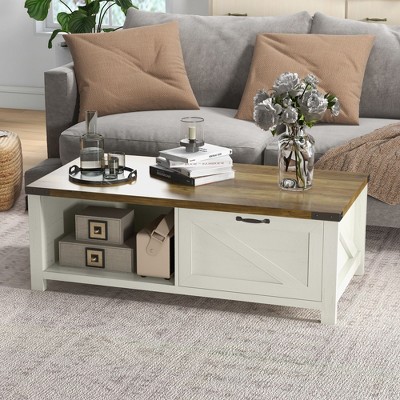 CAVINAS Farmhouse Coffee Table with Storage, Rustic Coffee Table with Open Shelves, Modern Center Table for Living Room, White+Deep Walnut