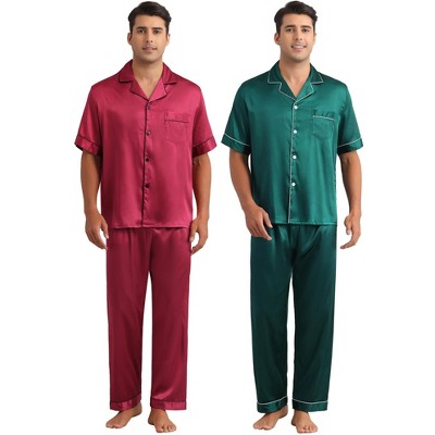 INSPIRE CHIC Men's 2 Pack Casual Sleepwear Short Sleeve Satin Pajamas Sets
