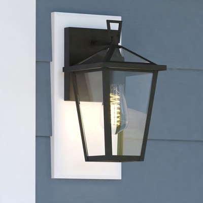VAXCEL Derby Dusk to Dawn Matte Black Outdoor Wall Lantern Light Clear Glass Shade, LED Compatible