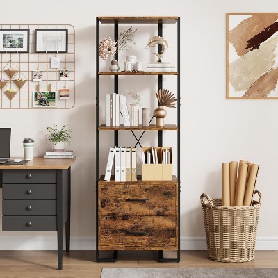 COUCHETA 70.9 Inch Tall  4 Tier Open Display Industrial Bookshelf with Storage Drawers , Metal Frame Bookcase