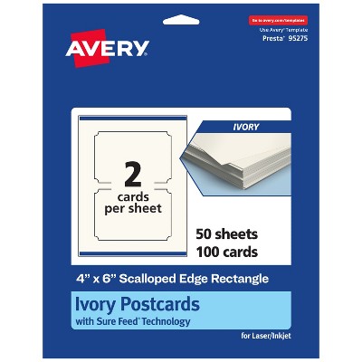 Avery Printable Rectangle Scalloped Postcards with Sure Feed Technology, 4" x 6", Ivory Cardstock, Print-to-the-Edge, Laser/Inkjet Cards, 100 Total