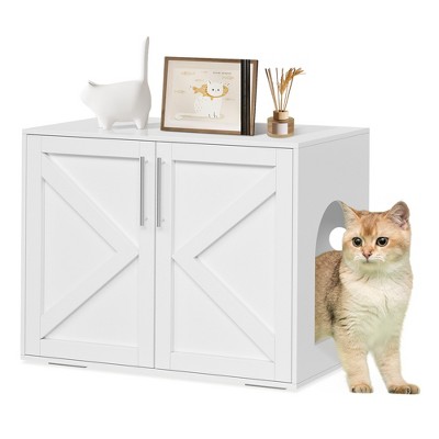 Cat Litter Box Enclosure, Farmhouse Rustic Wooden Cat Washroom Furniture with Barn Doors, Hidden Litter Box Cabinet End Table for Indoor Home, White