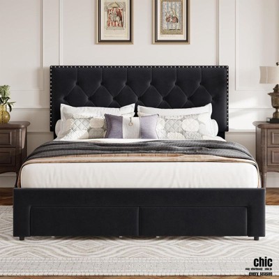 Jojoka Full/Queen/King Bed Frame with 2 Storage Drawers, Velvet Upholstered, Tufted Rivet Headboard, Wooden Slats, Noise-Free, No Box Spring Needed