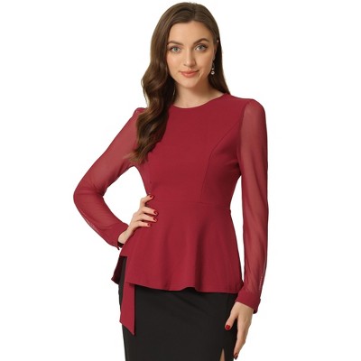 INSPIRE CHIC Women's Peplum Mesh Sheer Long Sleeve Round Neck Belted Work Top