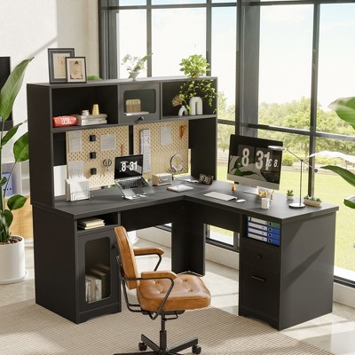 Aheaplus L Shaped Desk with Hutch, Corner Desk Workstation with Charge Station and File Cabinet