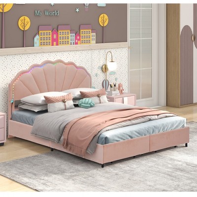 KTMBDW Platform Bed Frame with Fabric Upholstered Headboard and Wooden Slats Support,Fully Upholstered Mattress Foundation/No Box Spring Needed,Pink