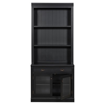TiramisuBest 83.4" H Black Bookcase with LED Lighting, 2 Glass Doors & 1 Drawer, Modern Storage with Open Shelves for Living Room/Home Office/Bedroom