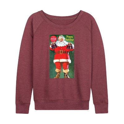Women's - Coca-Cola - Vintage Santa with Glass Bottles Lightweight French Terry Wide Neck Long Sleeve Graphic Shirt