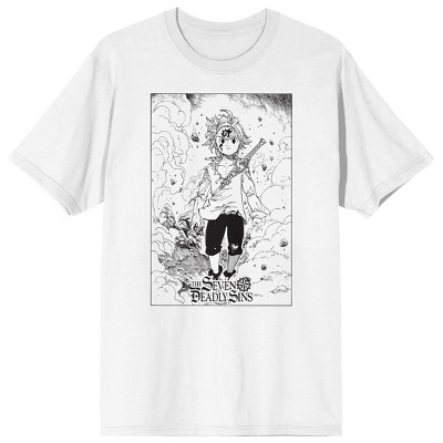Seven Deadly Sins Manga Meliodas Manga Art Crew Neck Short Sleeve Men's White T-shirt