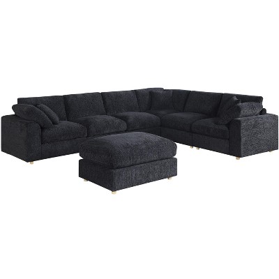 Hybition 128" L-Shaped Sectional Couch with Movable Ottoman & 5 Throw Pillows,6 Seat Chenille Upholstered Sofa ,DIY Combination,for Living Room