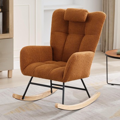 Nursery Rocking Chair with Two Side Pockets Storage and Wood Legs