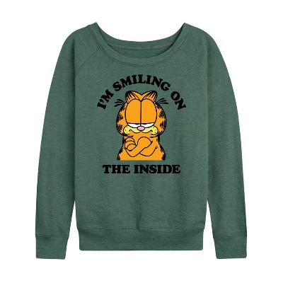 Women's - Garfield - Smiling On The Inside Lightweight French Terry Wide Neck Long Sleeve Graphic Shirt