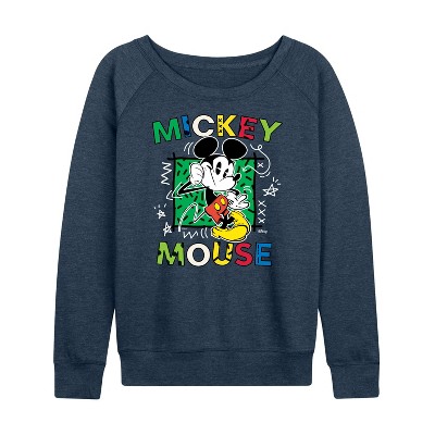 Women's - Disney - Mickey Mouse Scribble Lightweight French Terry Wide Neck Long Sleeve Graphic Shirt