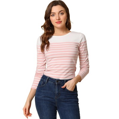 INSPIRE CHIC Women's Color Block Round Neck Long Sleeves Striped Basic T-Shirt