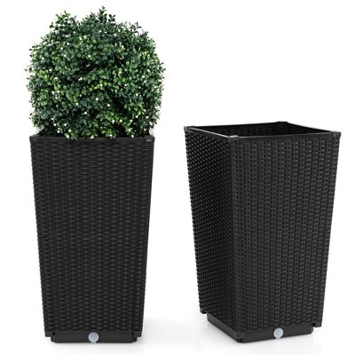 Costway 23" Tall Planters Set of 2 Rattan Wicker Plant Pot Self-watering Tree Pot Black/Brown