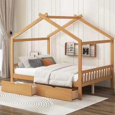 Full Size House Platform Bed with Two Drawers, Headboard and Footboard