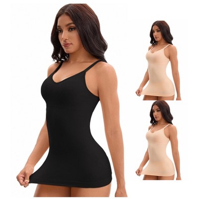 INSPIRE CHIC Women's 3 Packs U-Neck Shaping Full Slips Adjustable Spaghetti Strap Cami with Built-in Bra