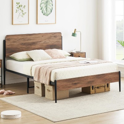 Queen Bed Frame, Metal Frame with Vintage Wood Headboard & Footboard, Under-Bed Storage, Heavy Slat Support, No Box Spring, Walnut