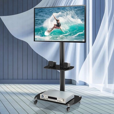 Height & Angle Adjustable TV Stand with Lockable Wheels & Glass Shelves, Mobile LCD/Plasma TV Bracket for TVs from 32" to 65",  Black - ModernLuxe