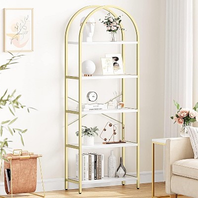Jojoka 5-Tier Arched Bookshelf, Tall Wood Bookcase with Metal Frame, Modern Storage Rack for Living Room, Bedroom, or Home Office，Gold+White
