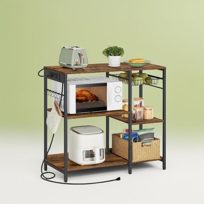 Bakers Rack, Coffee Bar Stand with Charging Station, Storage Shelves, Pull-Out Wire Basket, Table for Microwave, Kitchen