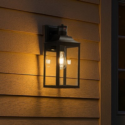 ALOADECOR 1 Light H16 in. Farmhouse Outdoor Wall Lantern with Motion Sensor in Matte Black Modern Wall Sconce with Clear Glass for Courtyard