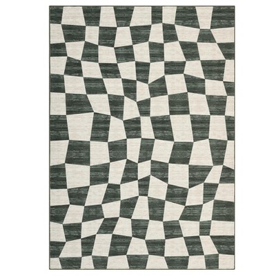 2 x 6 ft Polyester Dark Blue Rectangular Hallway Entryway Bathroom Kitchen Geometric Checkered Modern Machine Washable Runner Rug