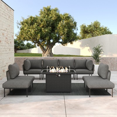 LayinSun 9 Pieces Rope Woven Patio Furniture Set, Modern Modular Sectional Sofa with Fire Pit Table and Upgrade Thickness Cushion