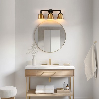 DORESshop 24 in. 3-Light Black and Gold Modern Bell Vanity Light for Bathroom Mirror with Metal Shades